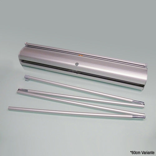 Zusammengerollter Rollup banner in Kassette mit zerlegtem Aufstellstab