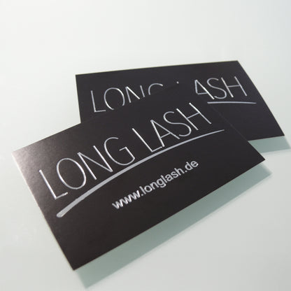 Schwarze Visitenkarten mit Silberfolierung von "Long Lash"